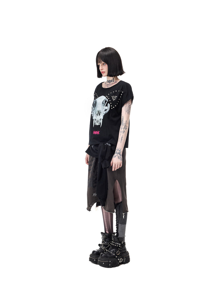 PINKSPINK REMAKE convertible thorn skirt in black gray — angled full-length modeled view of the skirt and tied sleeve detail