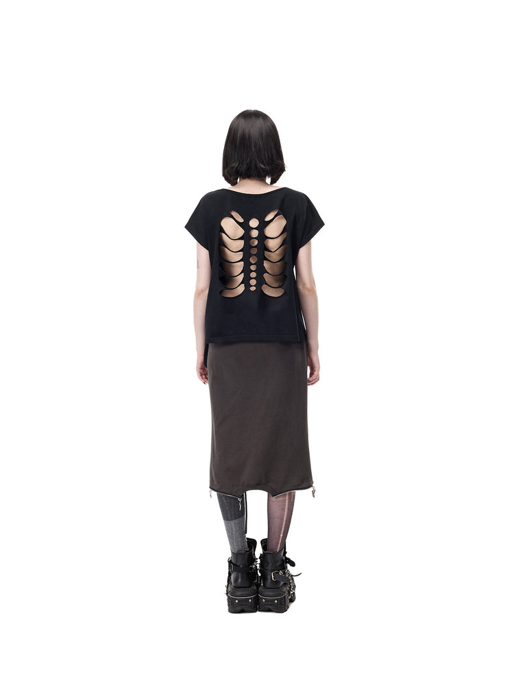 PINKSPINK REMAKE convertible thorn skirt in black gray — full-length rear modeled view in skirt configuration, styled with a separate cutout tee
