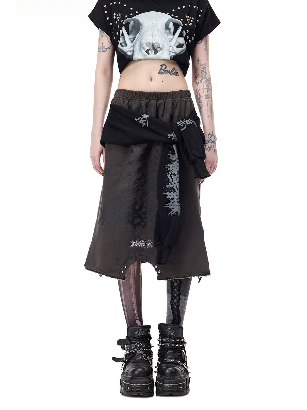 PINKSPINK REMAKE convertible thorn skirt in black gray — straight-on front view of the skirt with tied sleeves and small metal accents