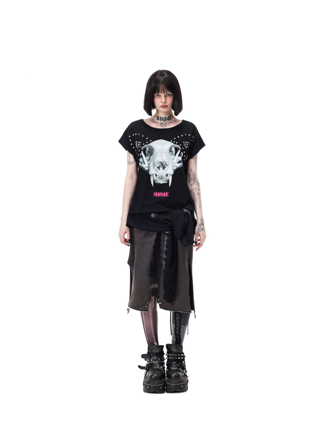 PINKSPINK REMAKE convertible thorn skirt in black gray — full-length front outfit view in skirt configuration