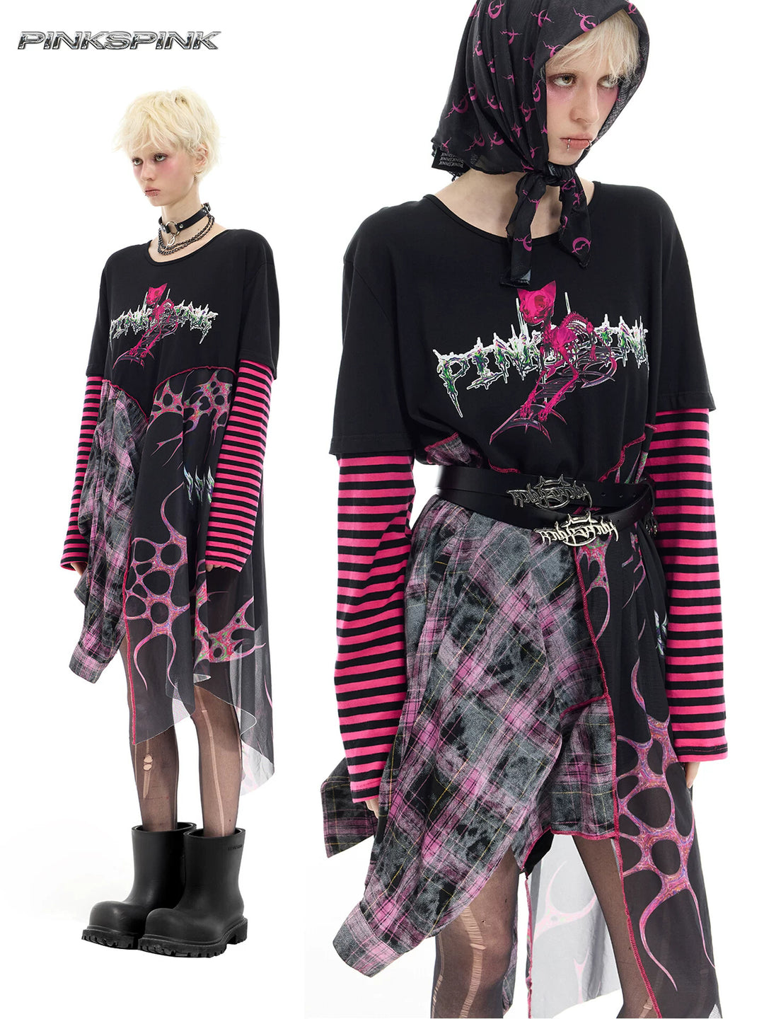 PINKSPINK REMAKE striped patchwork shirt dress in black and pink — collage showing the asymmetric dress and belted striped-sleeve styling