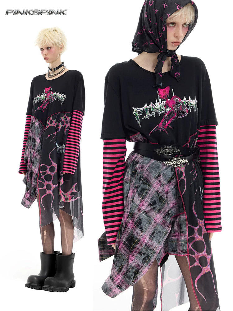 PINKSPINK REMAKE striped patchwork shirt dress in black and pink — collage showing the asymmetric dress and belted striped-sleeve styling