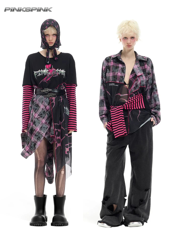 PINKSPINK REMAKE striped patchwork shirt dress in black and pink — full-length collage of belted dress and open plaid shirt configurations