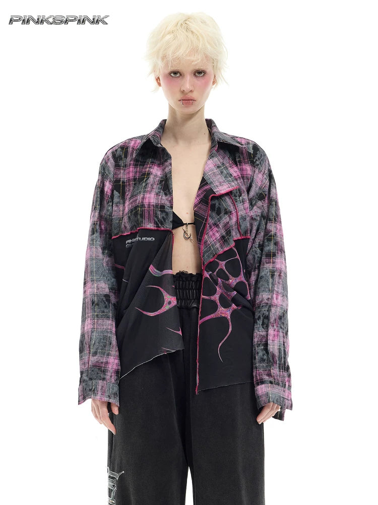 PINKSPINK REMAKE striped patchwork shirt dress in black and pink — front modeled view in the open collared shirt configuration