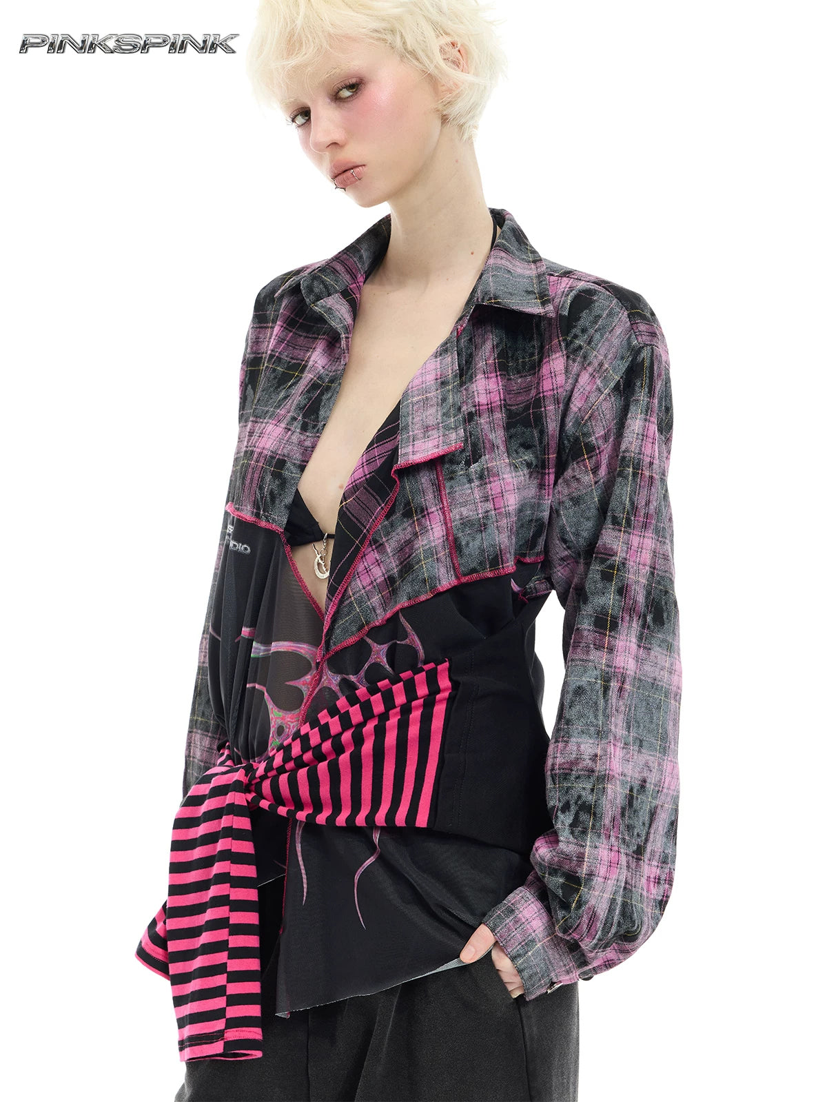 PINKSPINK REMAKE striped patchwork shirt dress in black and pink — close modeled view of the plaid collar and striped sleeves tied at the waist
