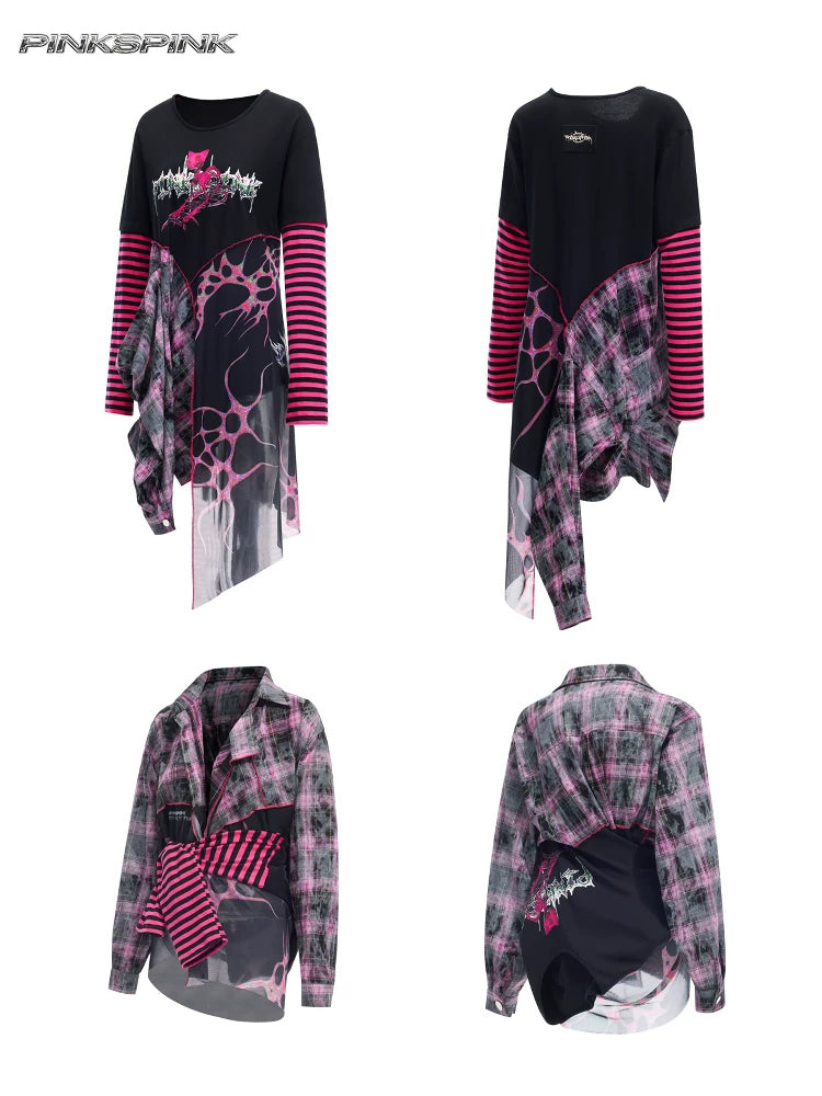 PINKSPINK REMAKE striped patchwork shirt dress in black and pink — four garment-only views showing dress and shirt configurations