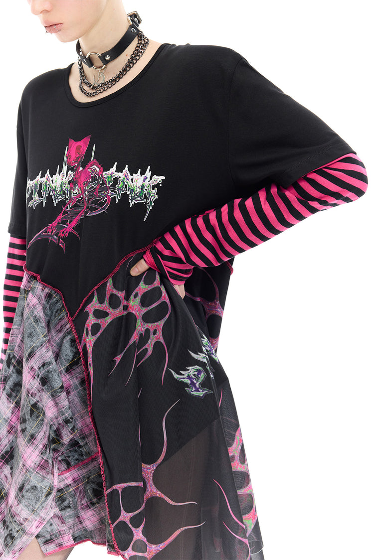 PINKSPINK REMAKE striped patchwork shirt dress in black and pink — close front view of the cat graphic, striped sleeves and asymmetric mesh panels