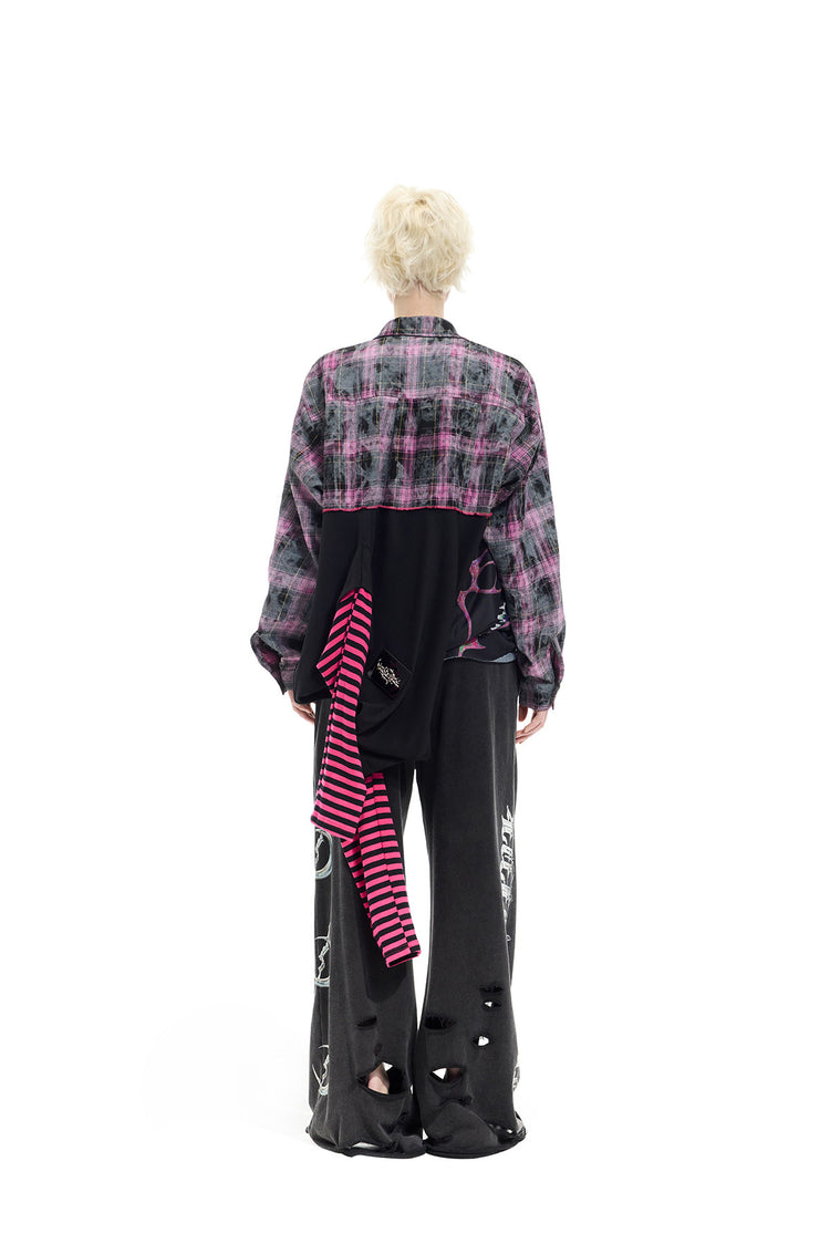 PINKSPINK REMAKE striped patchwork shirt dress in black and pink — full-length rear shirt view with the striped sleeves hanging loose