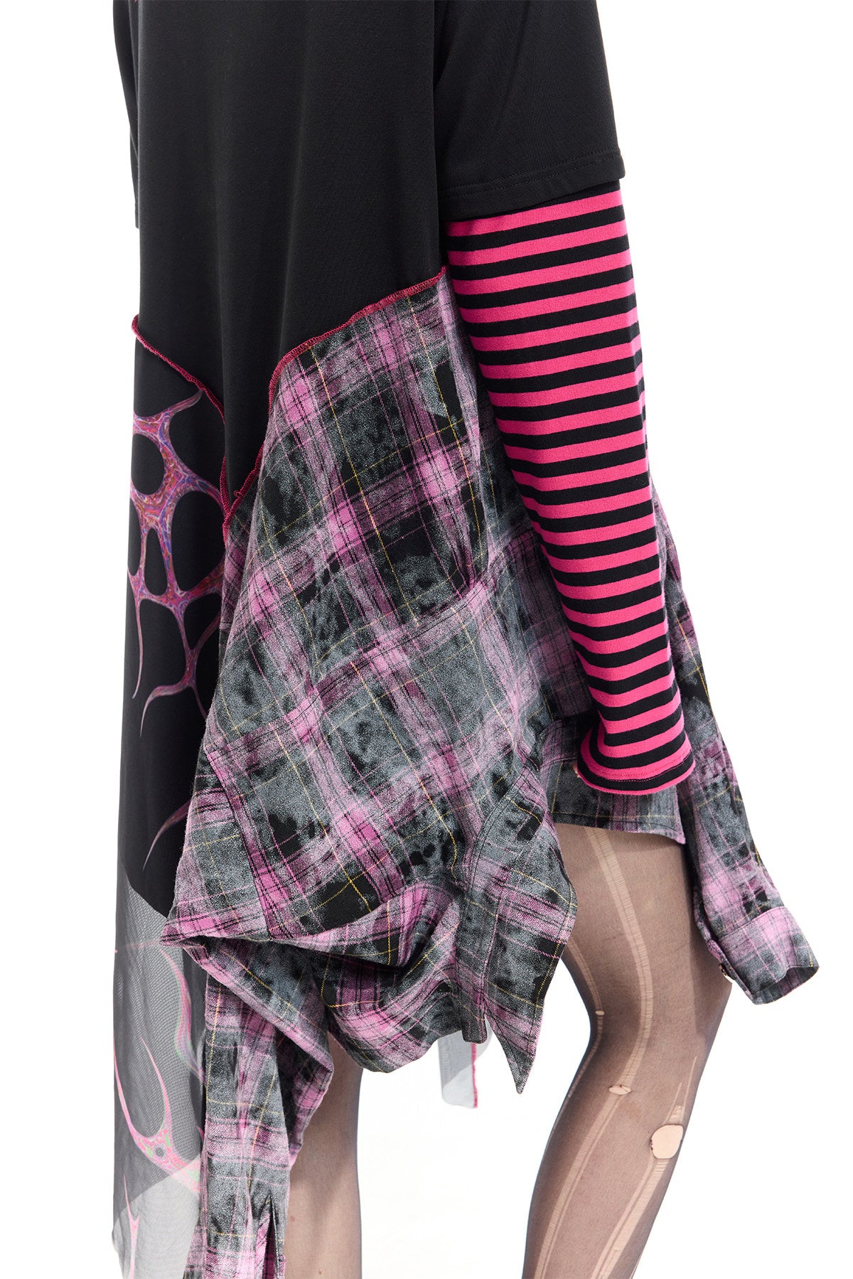 PINKSPINK REMAKE striped patchwork shirt dress in black and pink — close-up of the plaid panel, contrast stitching and striped sleeve