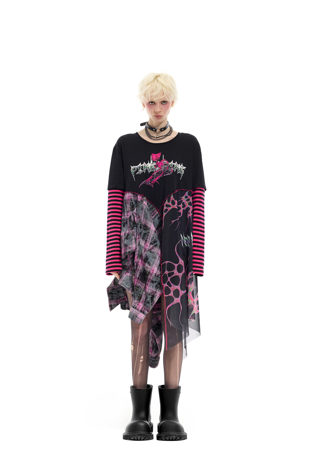 PINKSPINK REMAKE striped patchwork shirt dress in black and pink — straight-on full-length front view of the unbelted dress