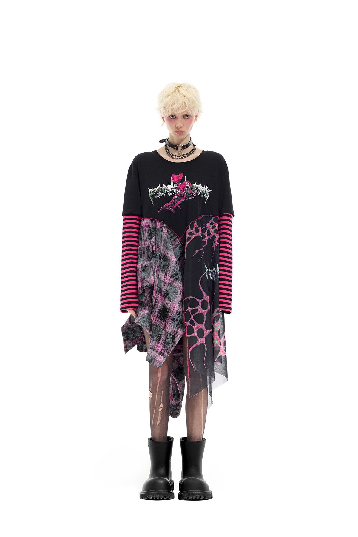 PINKSPINK REMAKE striped patchwork shirt dress in black and pink — straight-on full-length front view of the unbelted dress