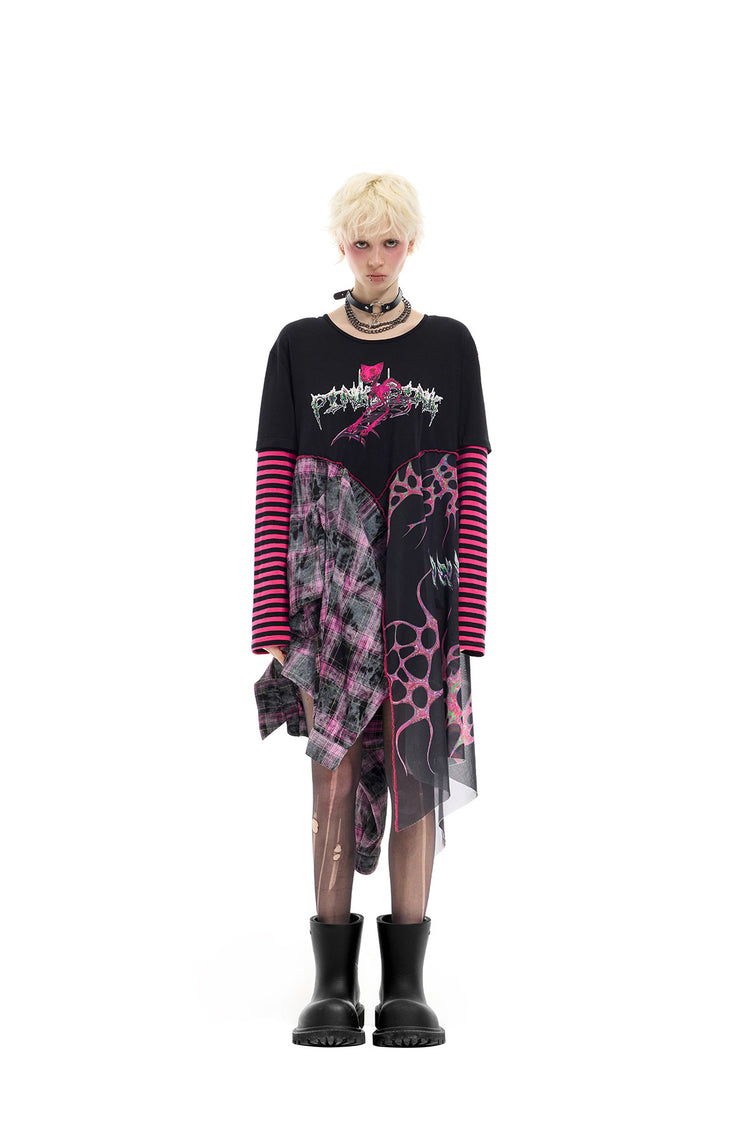 PINKSPINK REMAKE striped patchwork shirt dress in black and pink — straight-on full-length front view of the unbelted dress