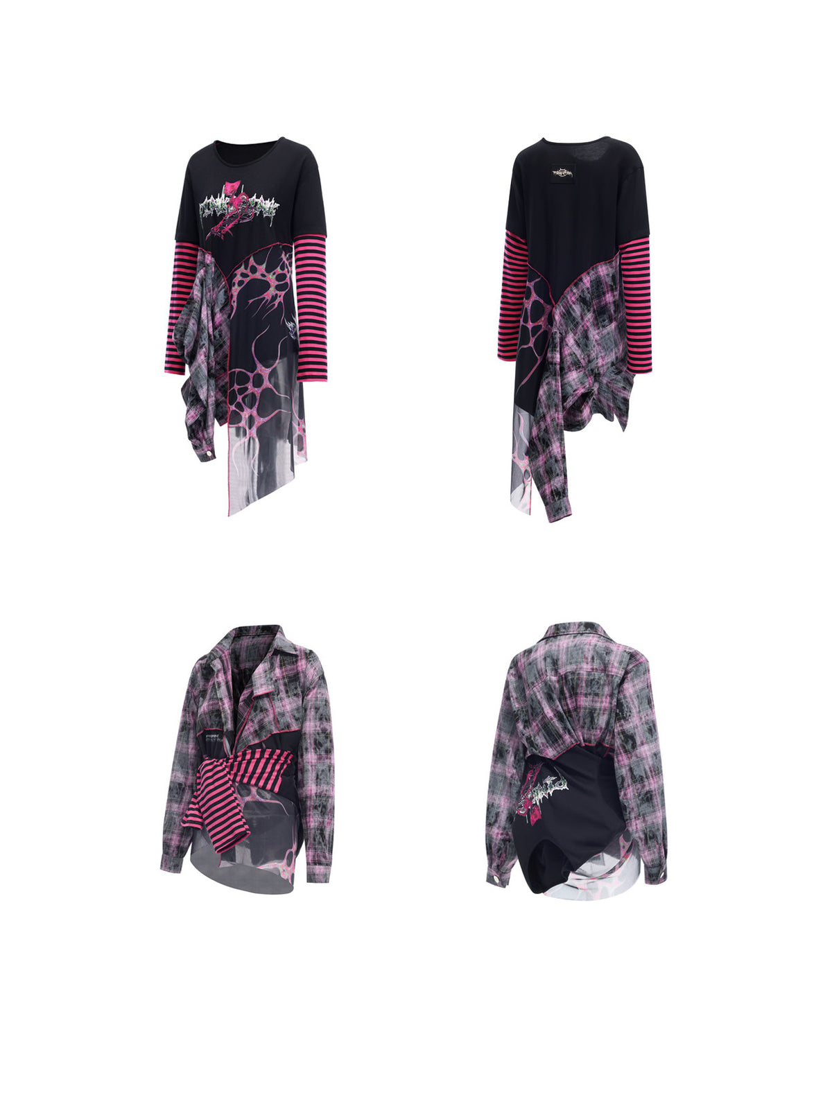 PINKSPINK REMAKE striped patchwork shirt dress in black and pink — detailed front and back garment comparison of both configurations on white