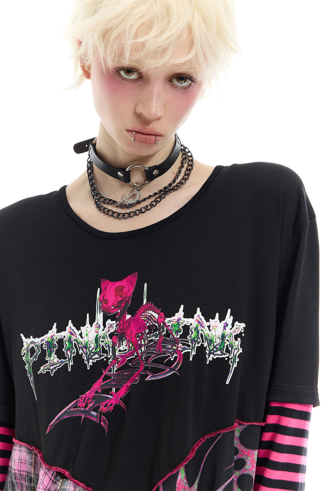 PINKSPINK REMAKE striped patchwork shirt dress in black and pink — close-up of the printed chest graphic and round neckline