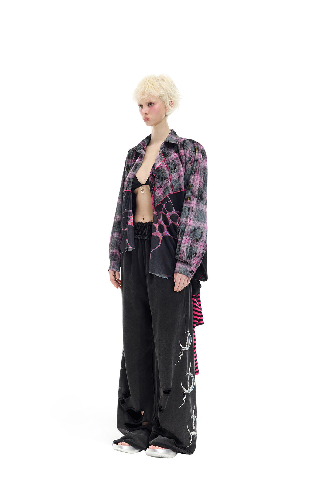 PINKSPINK REMAKE striped patchwork shirt dress in black and pink — angled full-length view of the open plaid shirt configuration