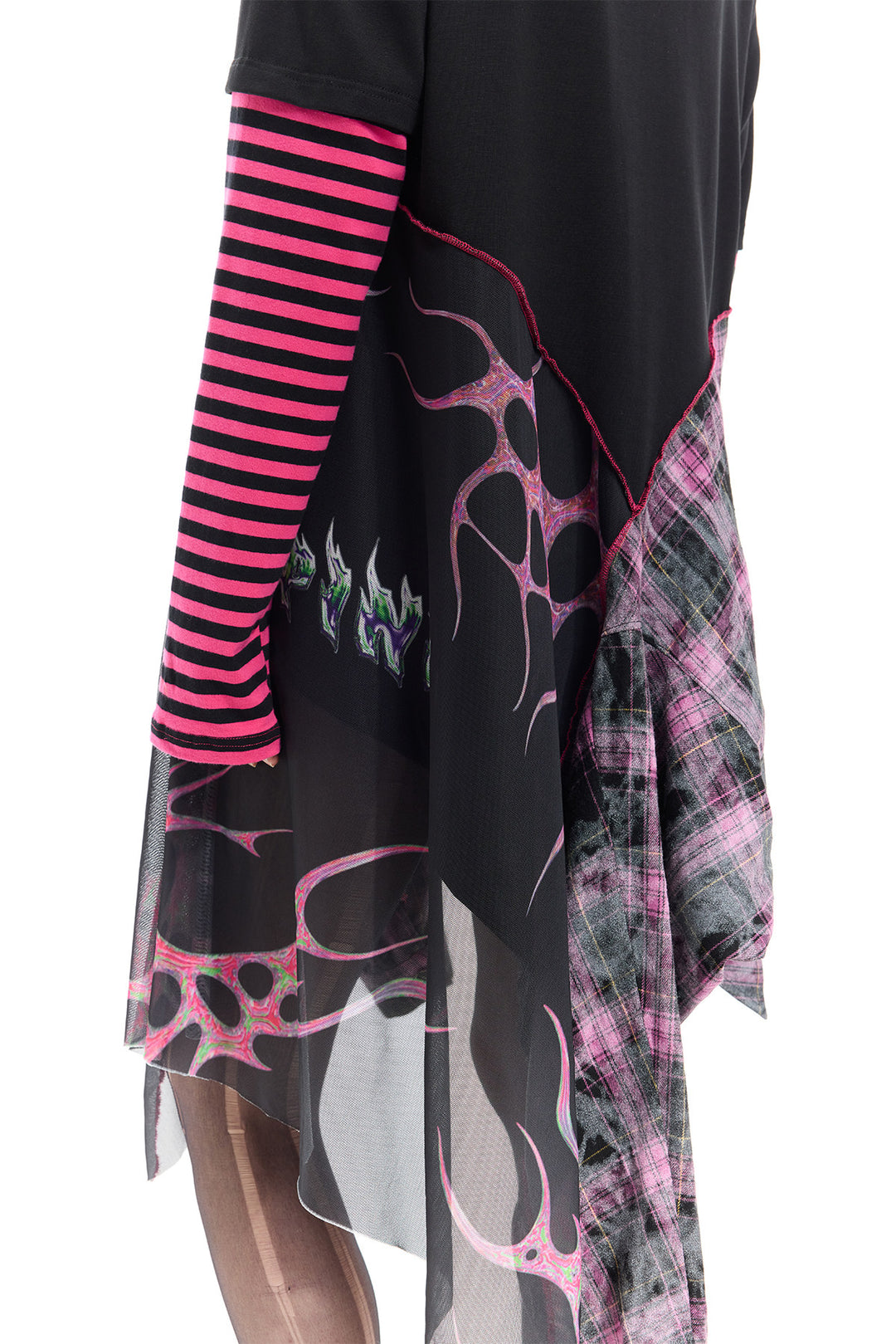 PINKSPINK REMAKE striped patchwork shirt dress in black and pink — close rear view of the asymmetric dress hem and striped sleeve