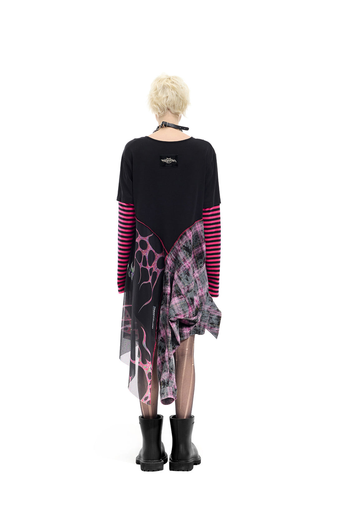 PINKSPINK REMAKE striped patchwork shirt dress in black and pink — full-length rear modeled view in the unbelted dress configuration