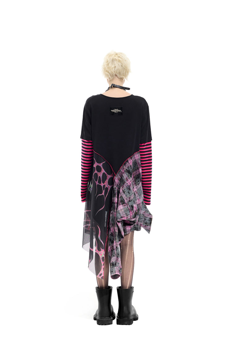 PINKSPINK REMAKE striped patchwork shirt dress in black and pink — full-length rear modeled view in the unbelted dress configuration