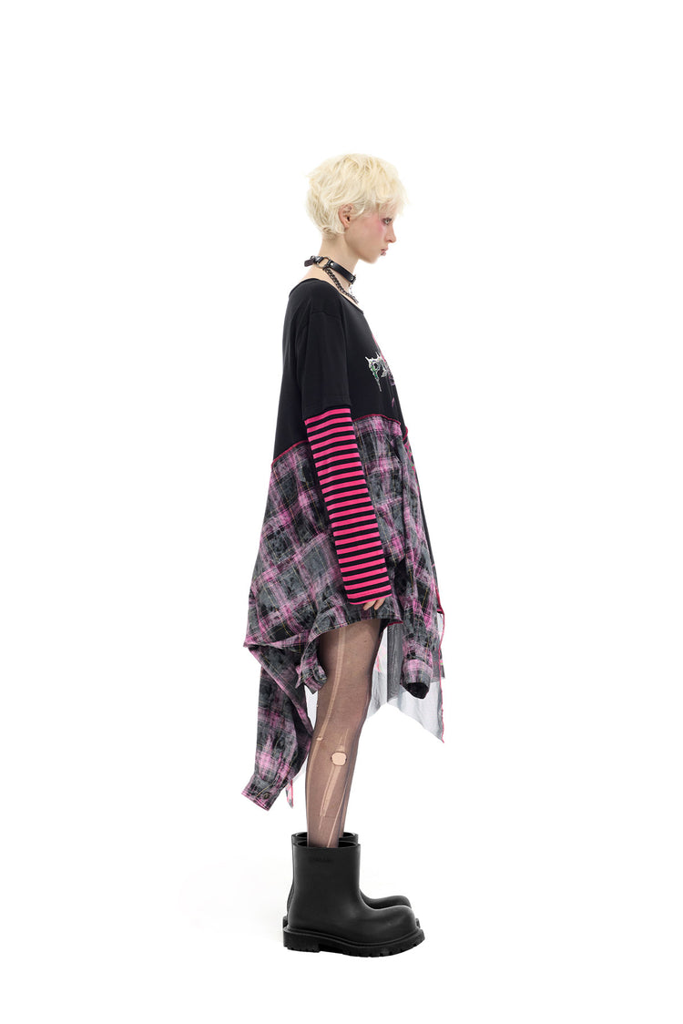 PINKSPINK REMAKE striped patchwork shirt dress in black and pink — full-length side modeled view of the unbelted dress
