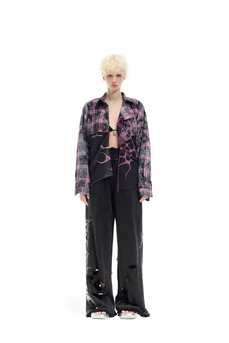 PINKSPINK REMAKE striped patchwork shirt dress in black and pink — full-length front view of the open shirt with the striped sleeves untied