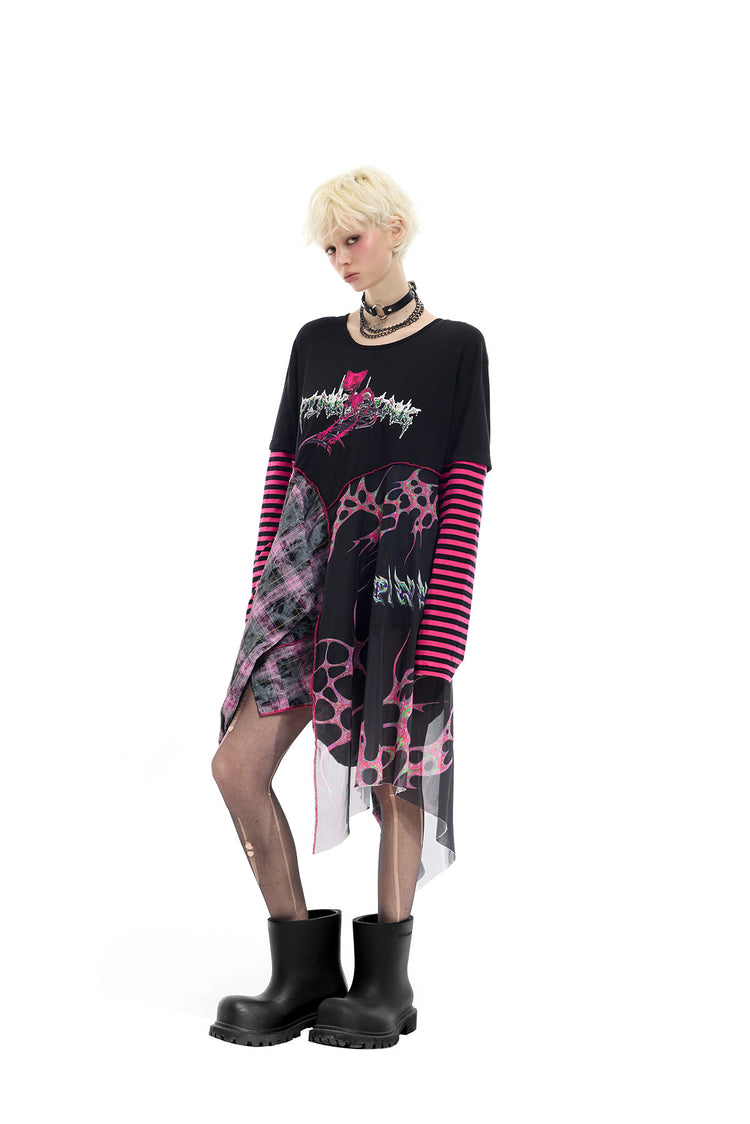 PINKSPINK REMAKE striped patchwork shirt dress in black and pink — angled full-length unbelted dress view with asymmetric mesh hem