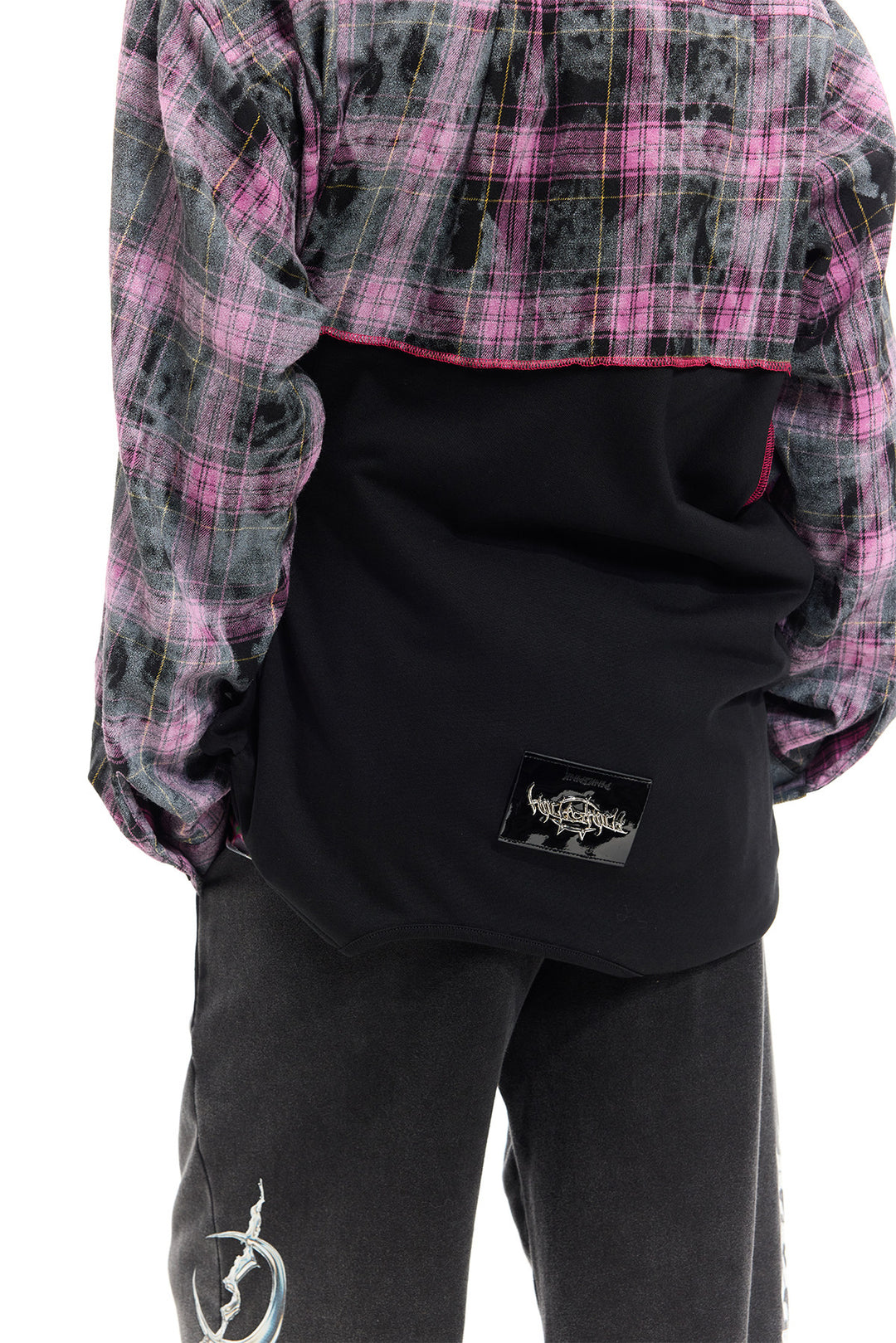 PINKSPINK REMAKE striped patchwork shirt dress in black and pink — close rear shirt view showing plaid and black patchwork seams
