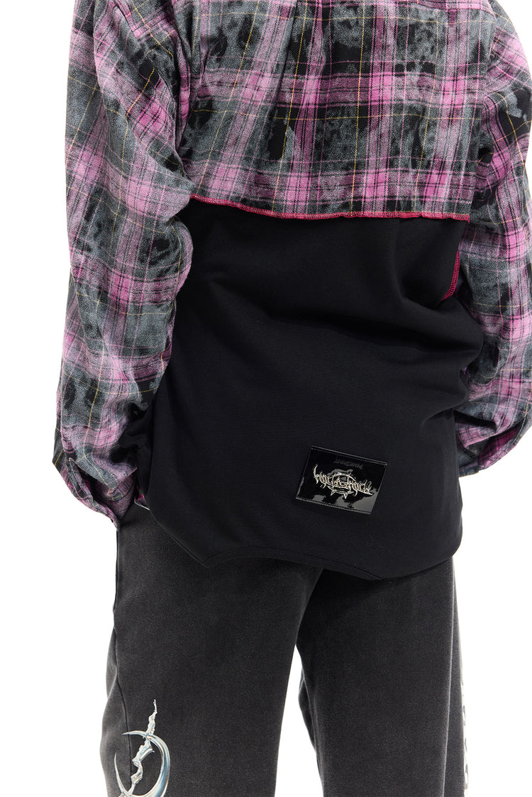 PINKSPINK REMAKE striped patchwork shirt dress in black and pink — close rear shirt view showing plaid and black patchwork seams