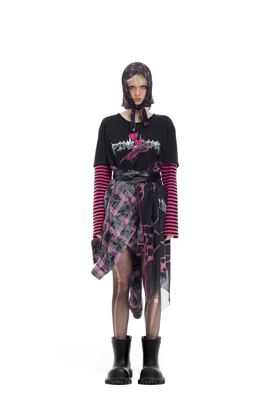 PINKSPINK REMAKE striped patchwork shirt dress in black and pink — full-length front dress view styled with a separate belt and headscarf