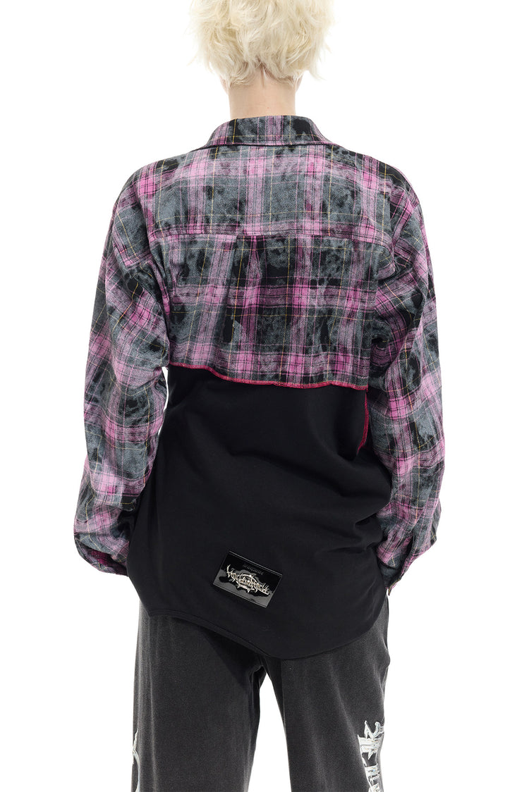 PINKSPINK REMAKE striped patchwork shirt dress in black and pink — close rear shirt view showing the plaid yoke and draped black panel