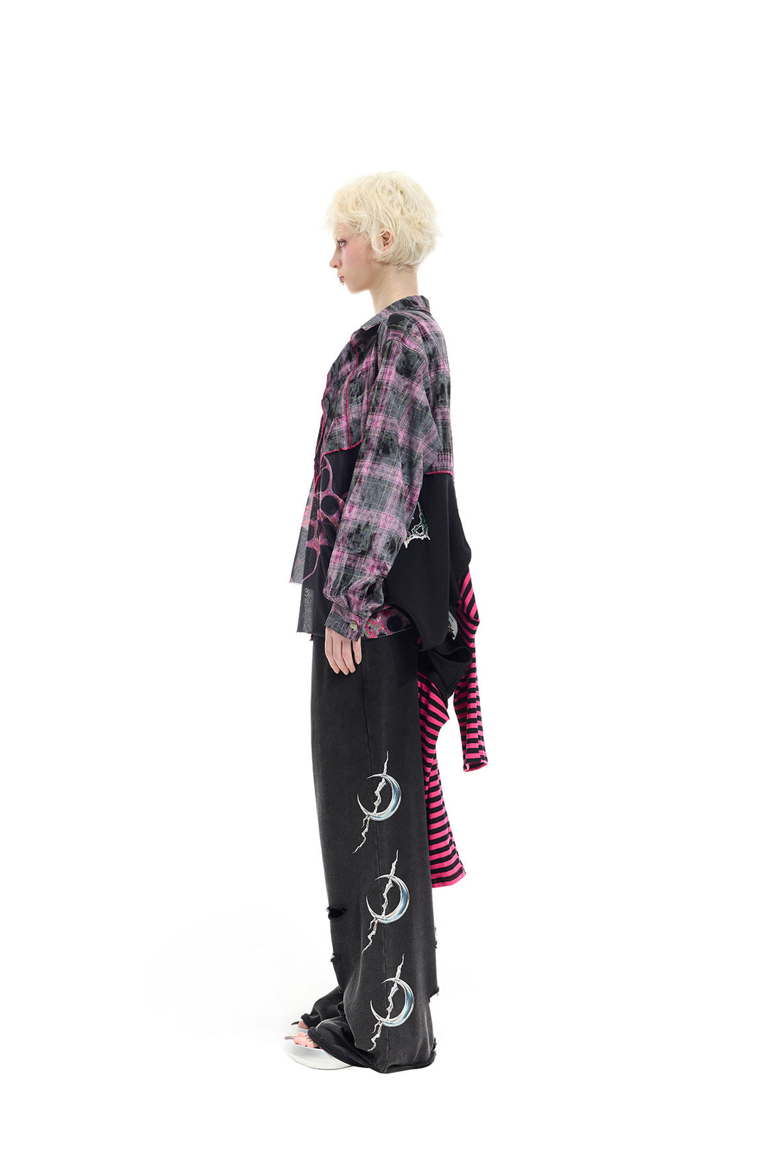 PINKSPINK REMAKE striped patchwork shirt dress in black and pink — full-length side view in the collared shirt configuration
