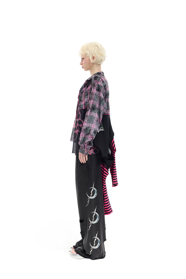 PINKSPINK REMAKE striped patchwork shirt dress in black and pink — full-length side view in the collared shirt configuration