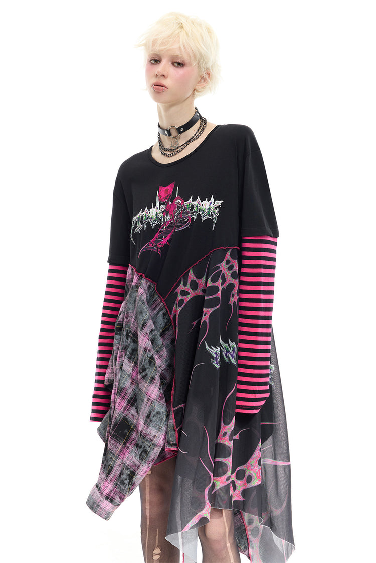 PINKSPINK REMAKE striped patchwork shirt dress in black and pink — three-quarter front dress view showing the patchwork hem and striped sleeves