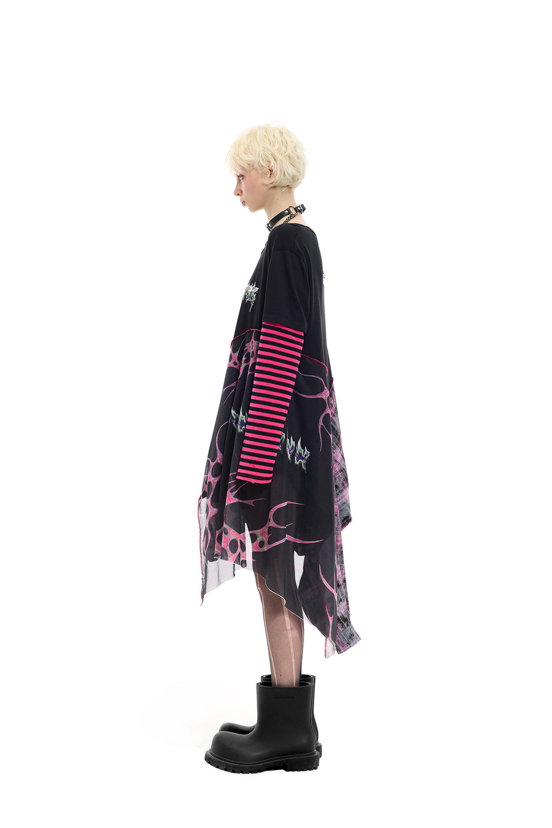 PINKSPINK REMAKE striped patchwork shirt dress in black and pink — full-length side dress view showing the pointed mesh hem