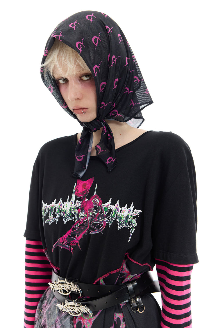 PINKSPINK REMAKE striped patchwork shirt dress in black and pink — close front dress view of the cat graphic, styled with a separate headscarf