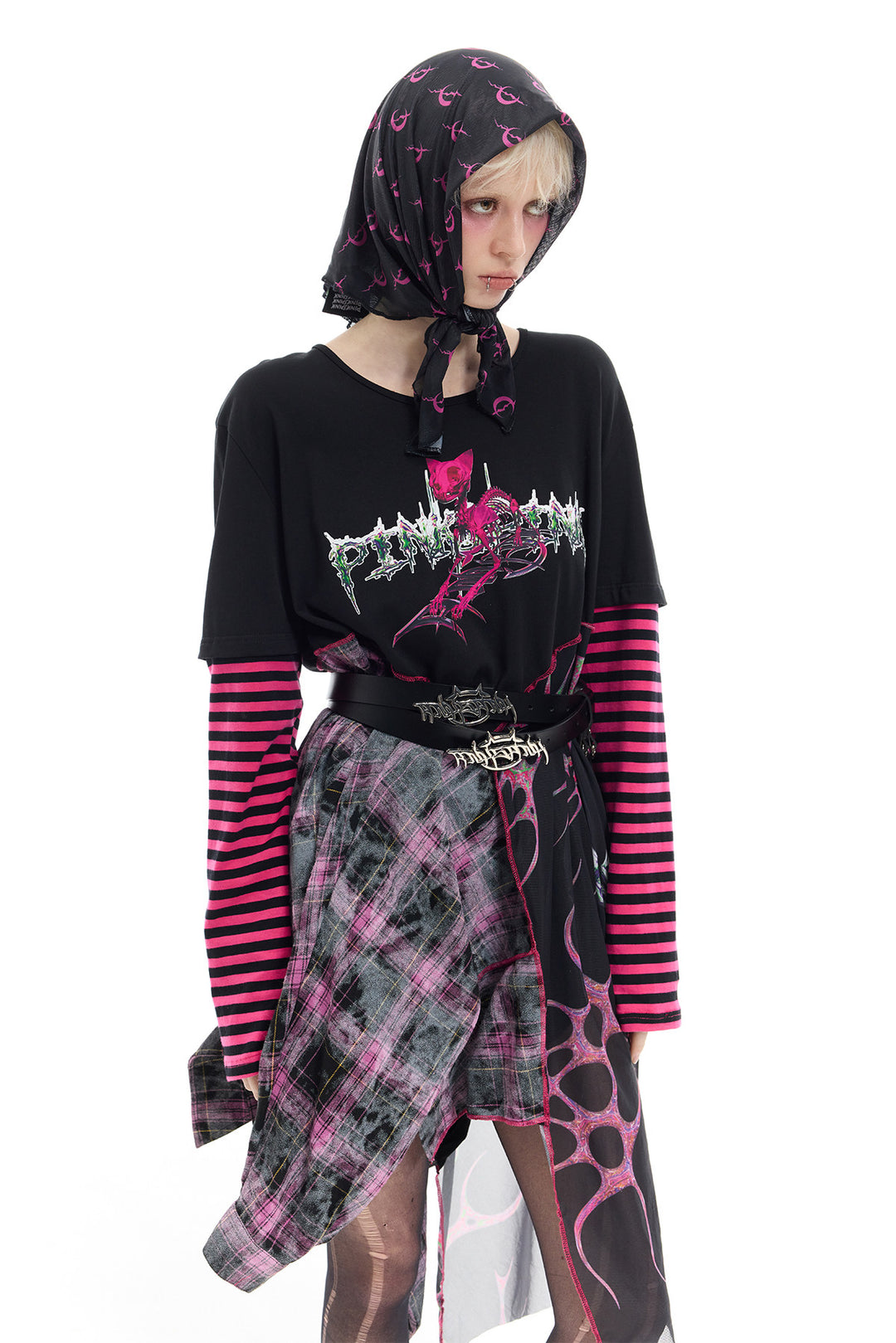 PINKSPINK REMAKE striped patchwork shirt dress in black and pink — three-quarter front dress view styled with a separate belt and headscarf