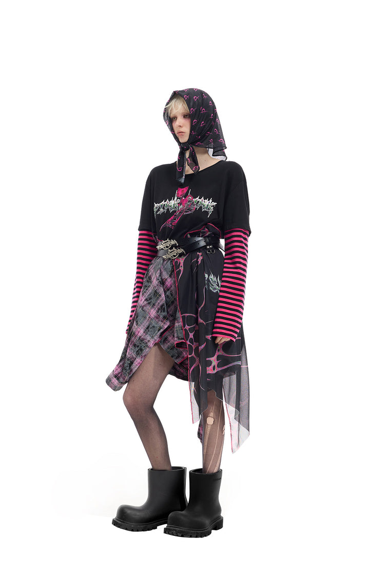 PINKSPINK REMAKE striped patchwork shirt dress in black and pink — angled full-length dress view styled with a separate belt and headscarf
