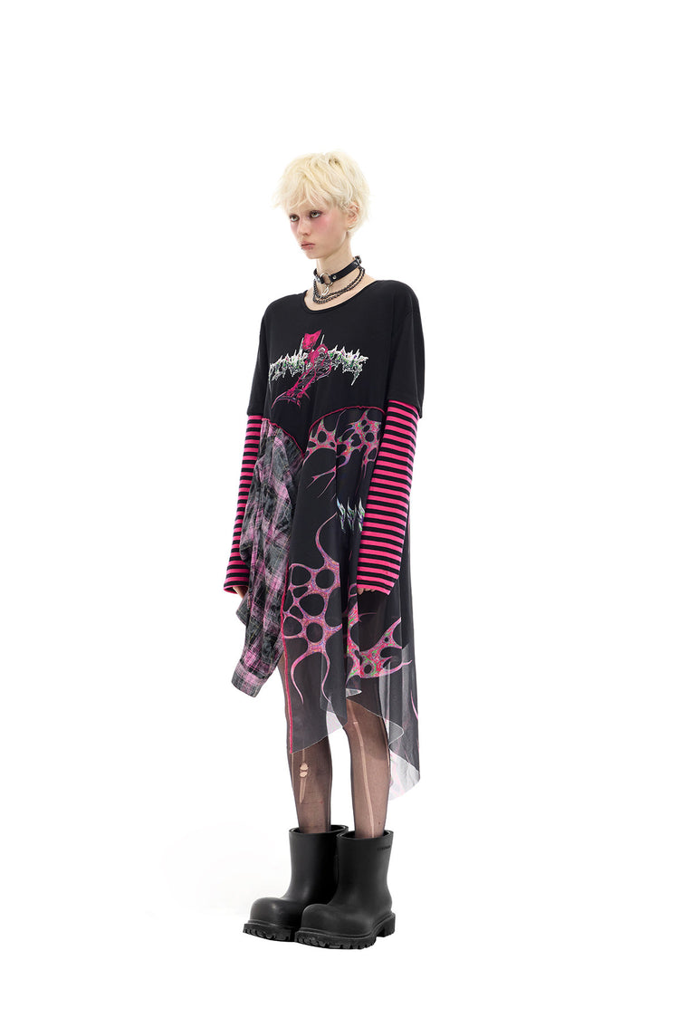 PINKSPINK REMAKE striped patchwork shirt dress in black and pink — relaxed full-length front modeled view in the dress configuration