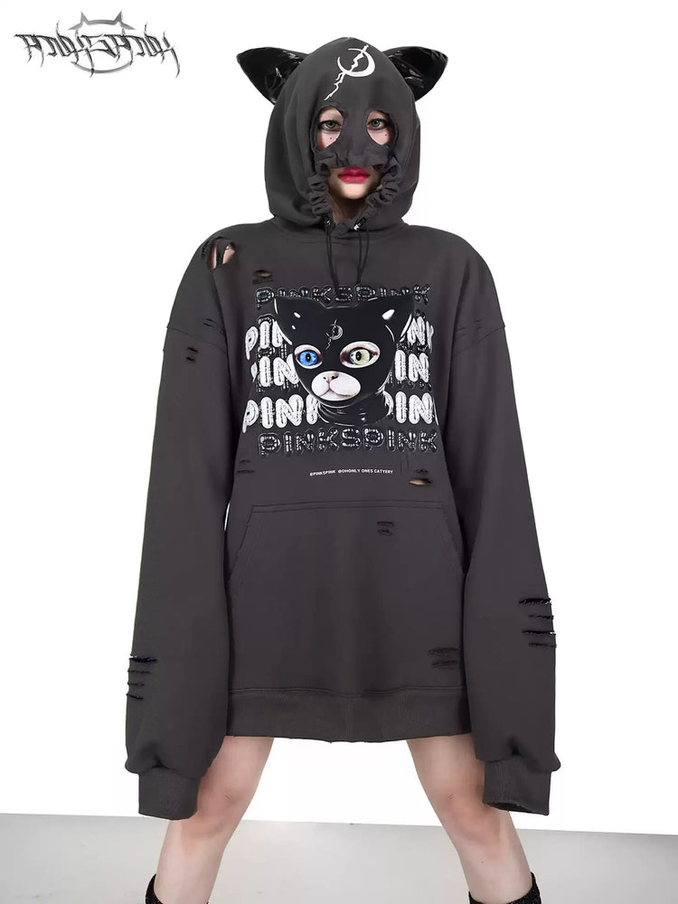 PINKSPINK DEVON CAT distressed mask hoodie in gray — front modeled close-up showing the cat-ear mask hood and cat graphic