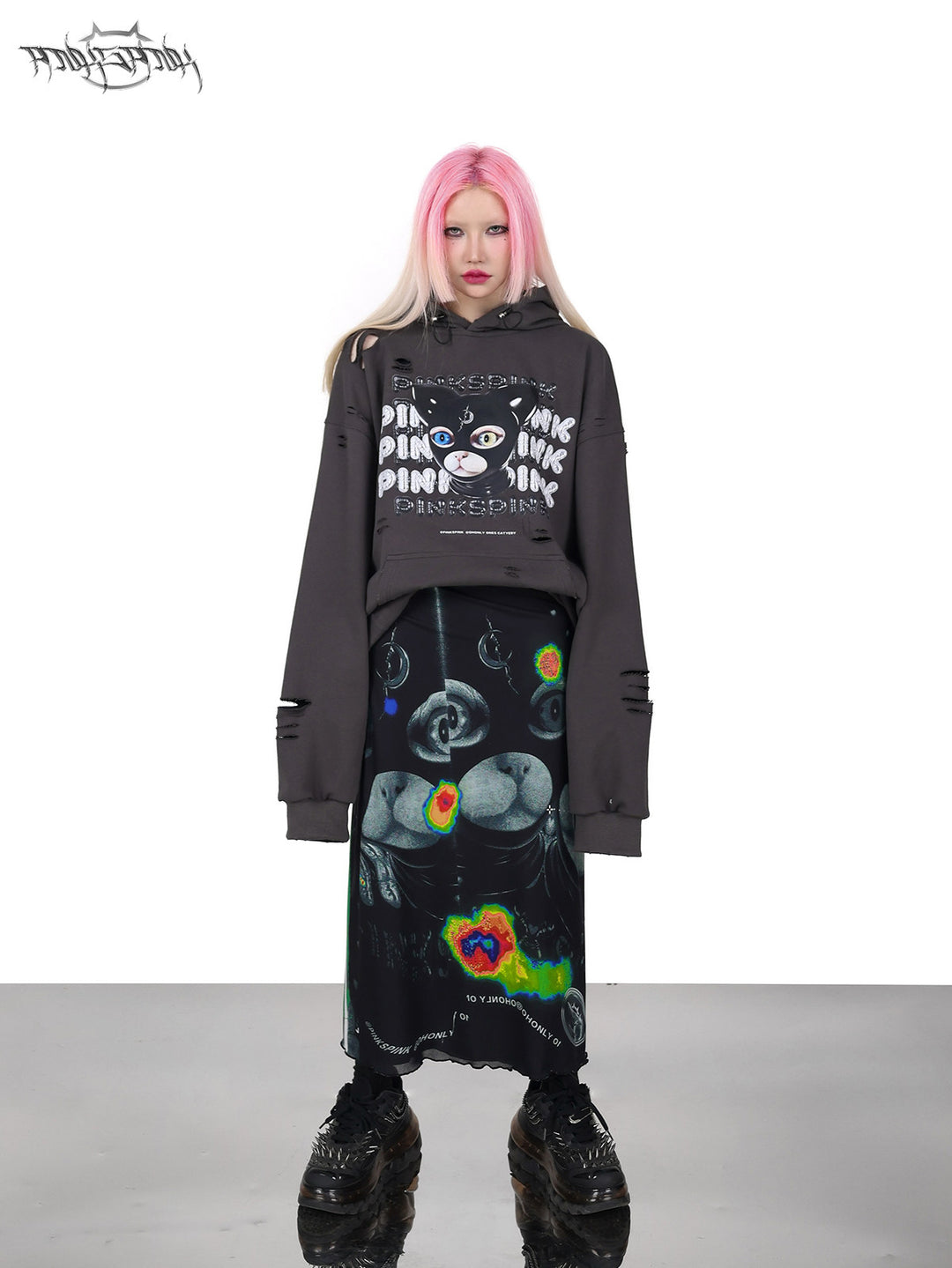 PINKSPINK DEVON CAT distressed mask hoodie in gray — front full-length modeled view with the hood down and printed skirt