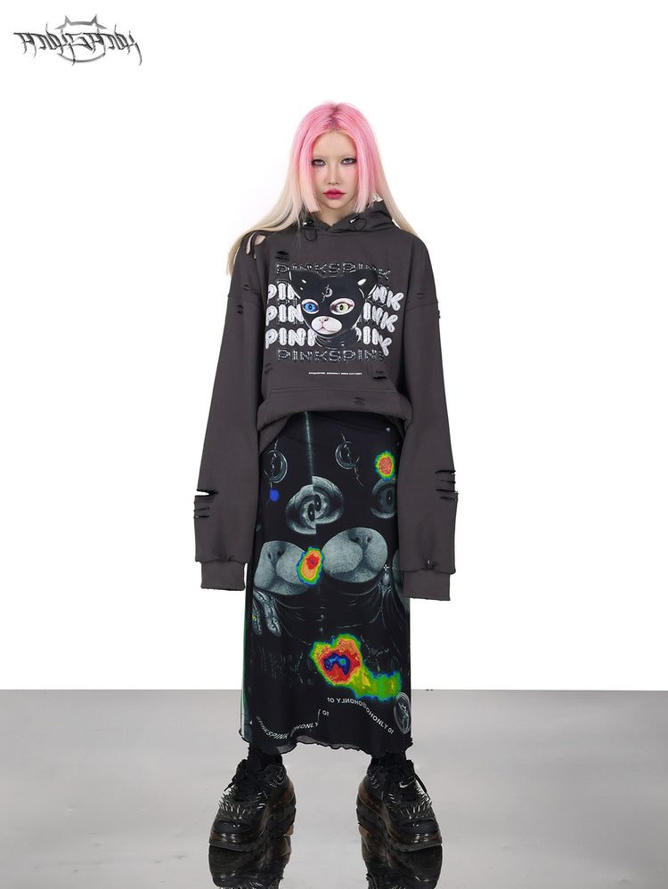 PINKSPINK DEVON CAT distressed mask hoodie in gray — front full-length modeled view with the hood down and printed skirt
