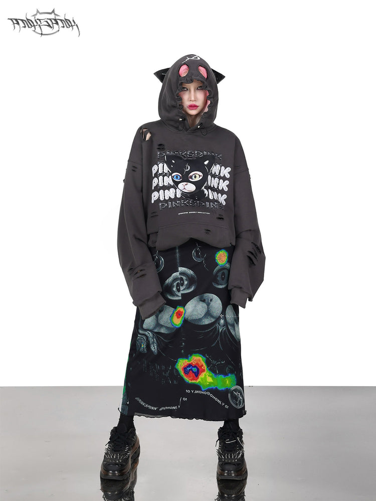 PINKSPINK DEVON CAT distressed mask hoodie in gray — front full-length modeled view with the hood raised above the face