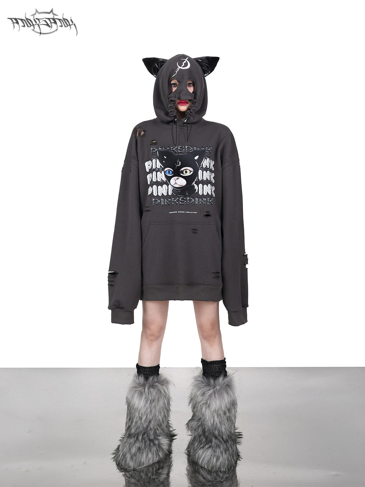 PINKSPINK DEVON CAT distressed mask hoodie in gray — front full-length modeled view with the mask hood covering the face