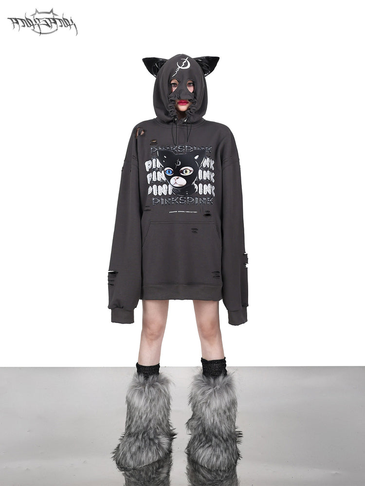 PINKSPINK DEVON CAT distressed mask hoodie in gray — front full-length modeled view with the mask hood covering the face