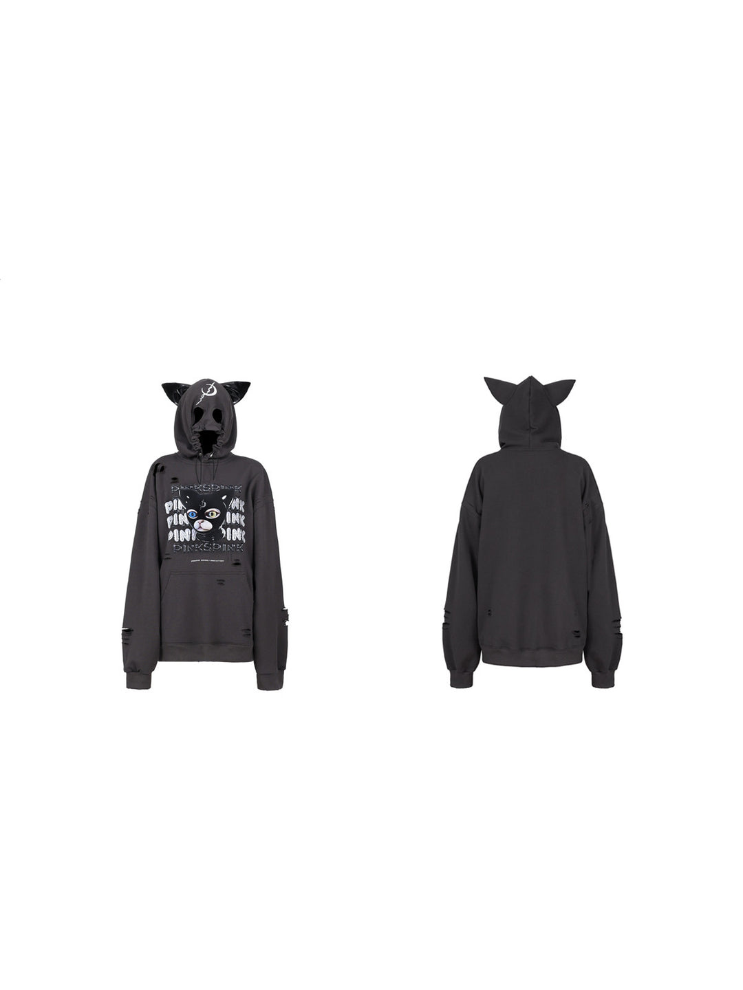 PINKSPINK DEVON CAT distressed mask hoodie in gray — front and back garment-only views showing the cat-ear hood