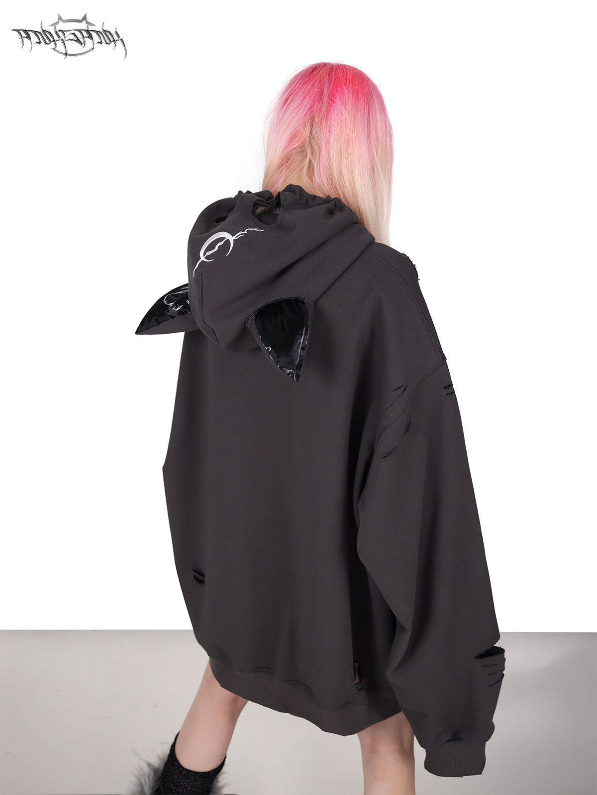 PINKSPINK DEVON CAT distressed mask hoodie in gray — rear modeled close-up with the hood down