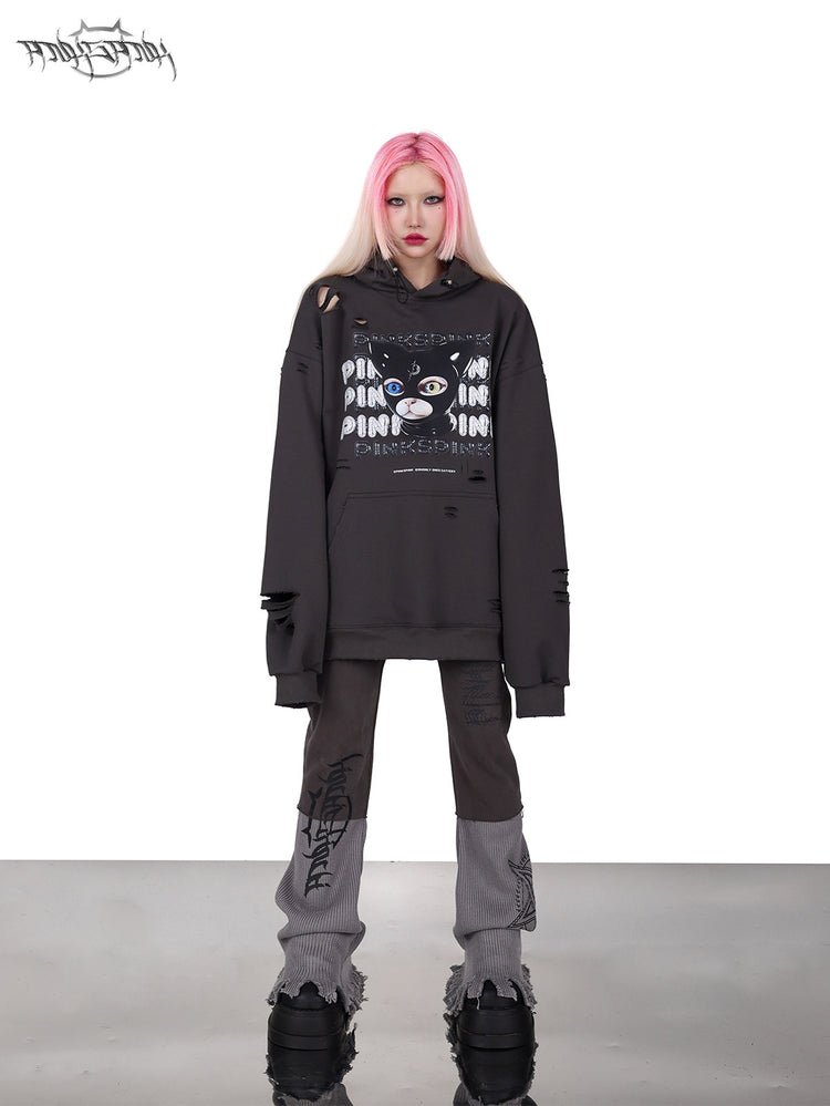 PINKSPINK DEVON CAT distressed mask hoodie in gray — front full-length modeled view styled with gray trousers