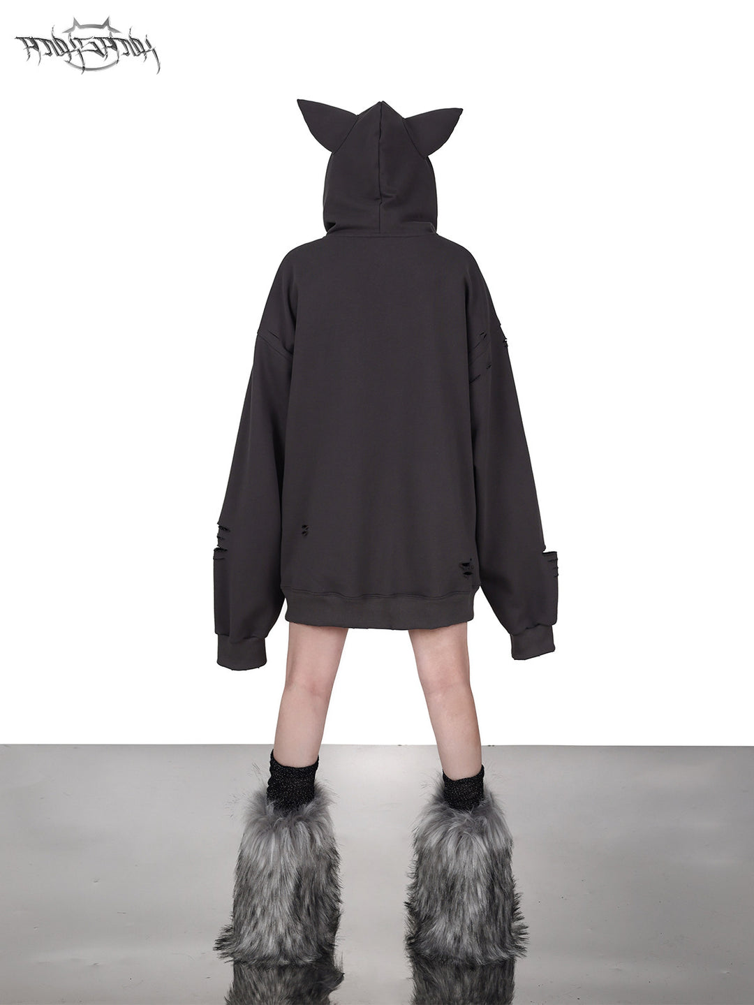 PINKSPINK DEVON CAT distressed mask hoodie in gray — rear full-length modeled view with the cat-ear hood raised