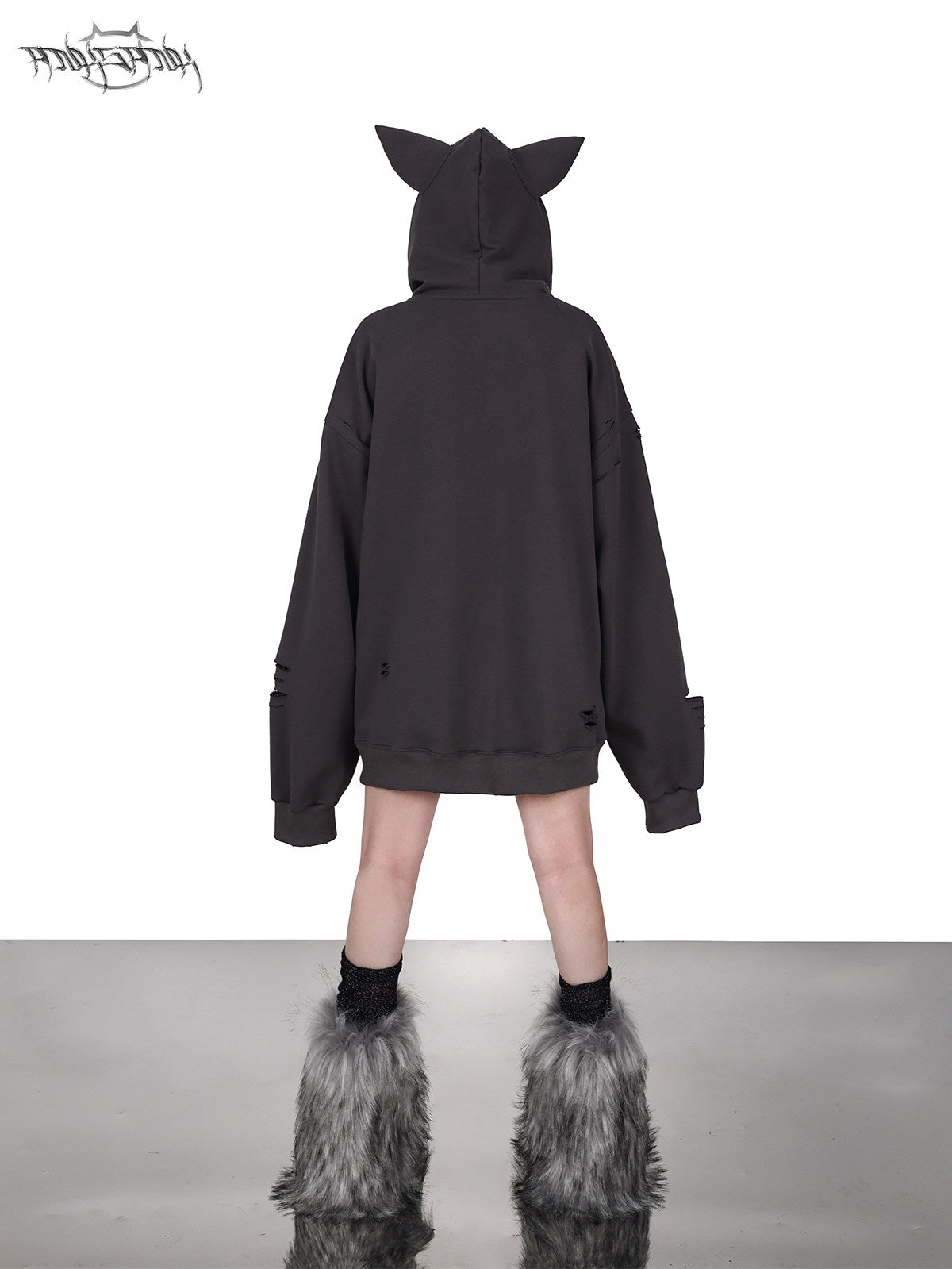 PINKSPINK DEVON CAT distressed mask hoodie in gray — rear full-length modeled view with the cat-ear hood raised