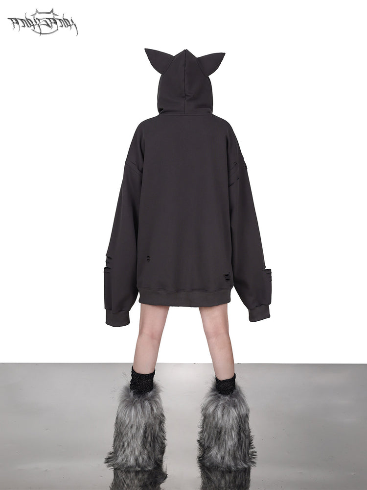 PINKSPINK DEVON CAT distressed mask hoodie in gray — rear full-length modeled view with the cat-ear hood raised