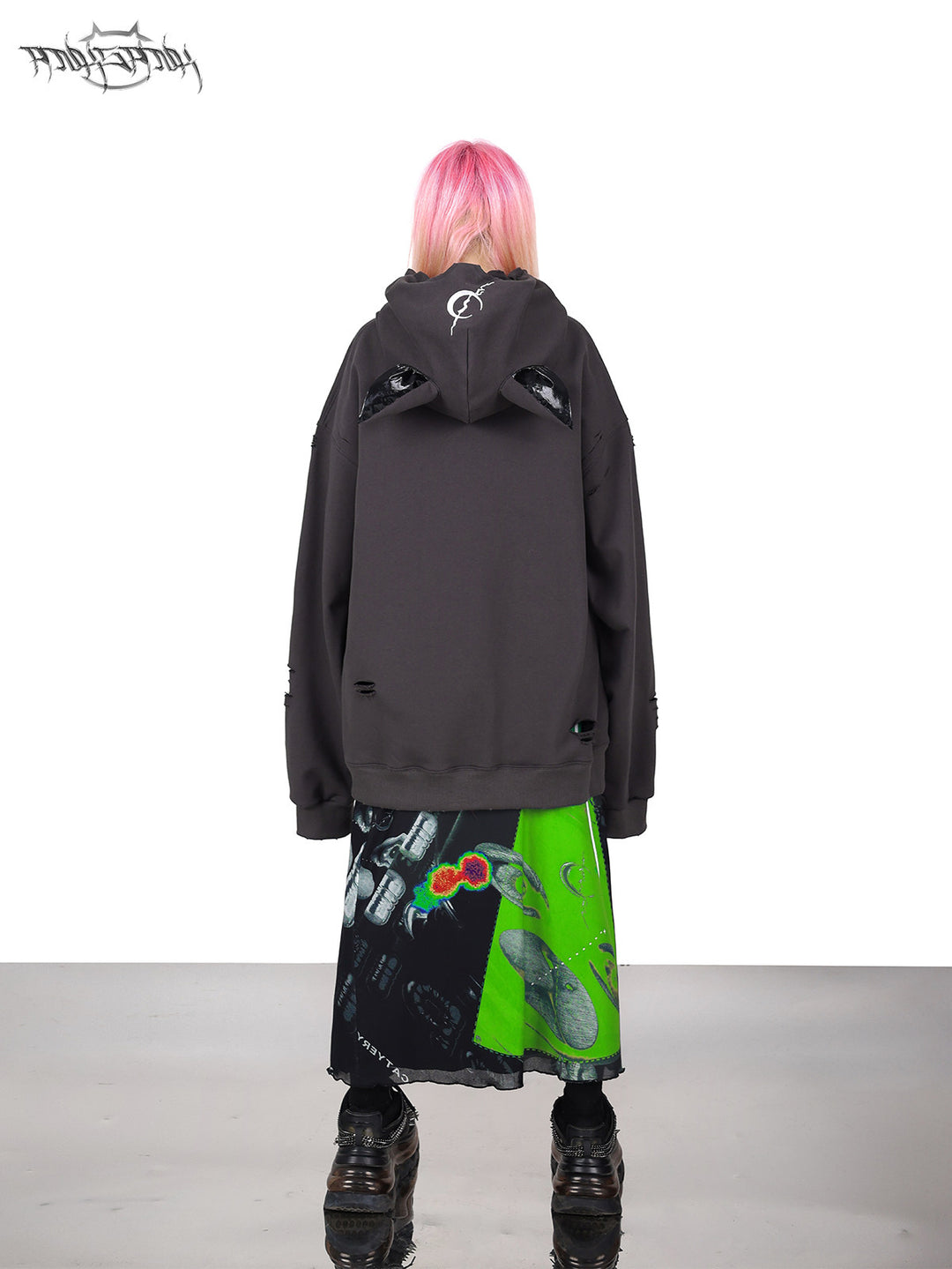 PINKSPINK DEVON CAT distressed mask hoodie in gray — rear full-length modeled view styled with a printed skirt